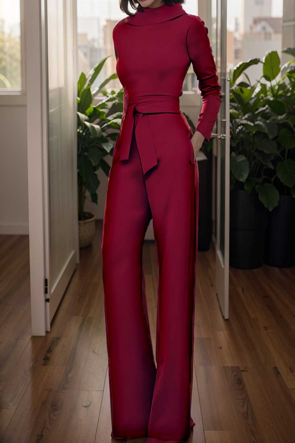 solid five point sleeve belted wide leg jumpsuit 112141