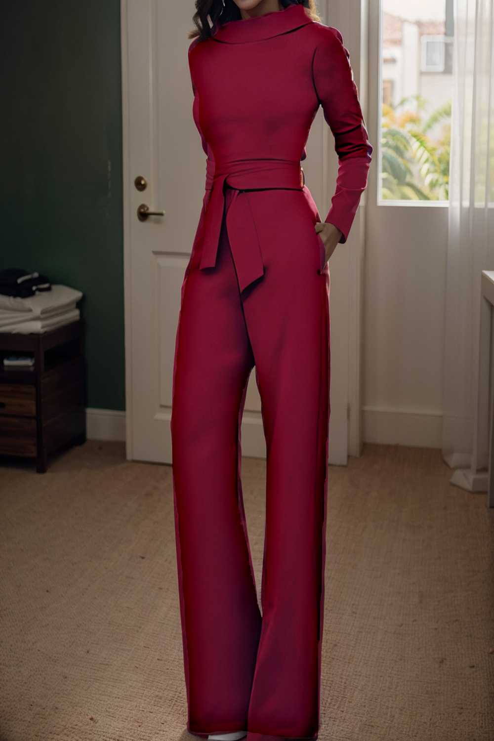 solid five point sleeve belted wide leg jumpsuit 112140