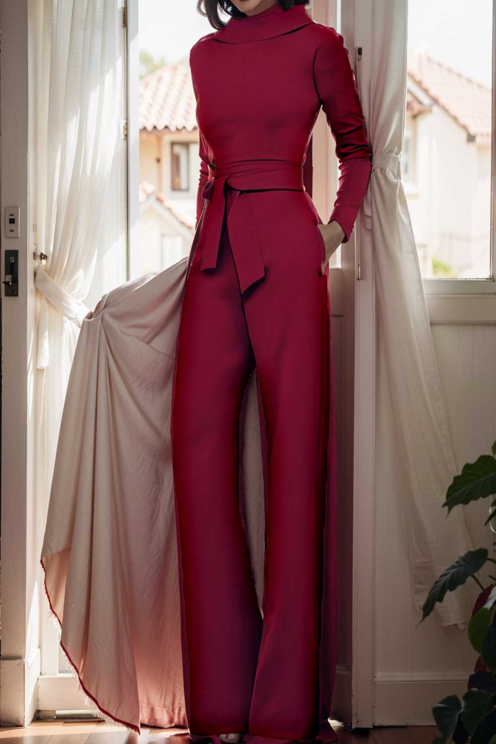 solid five point sleeve belted wide leg jumpsuit 112139