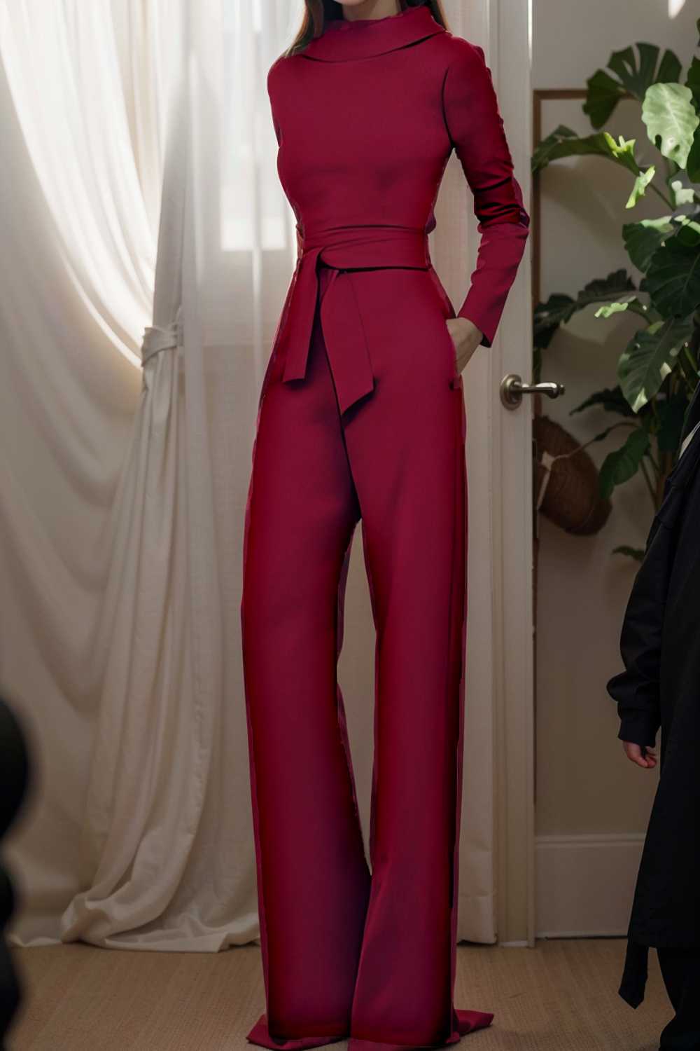 solid five point sleeve belted wide leg jumpsuit 104958