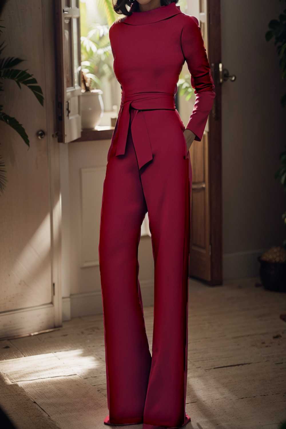solid five point sleeve belted wide leg jumpsuit 112137