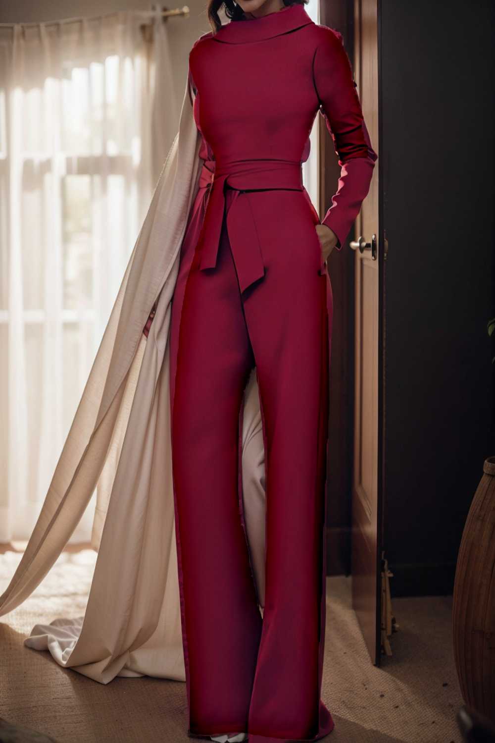 solid five point sleeve belted wide leg jumpsuit 112135