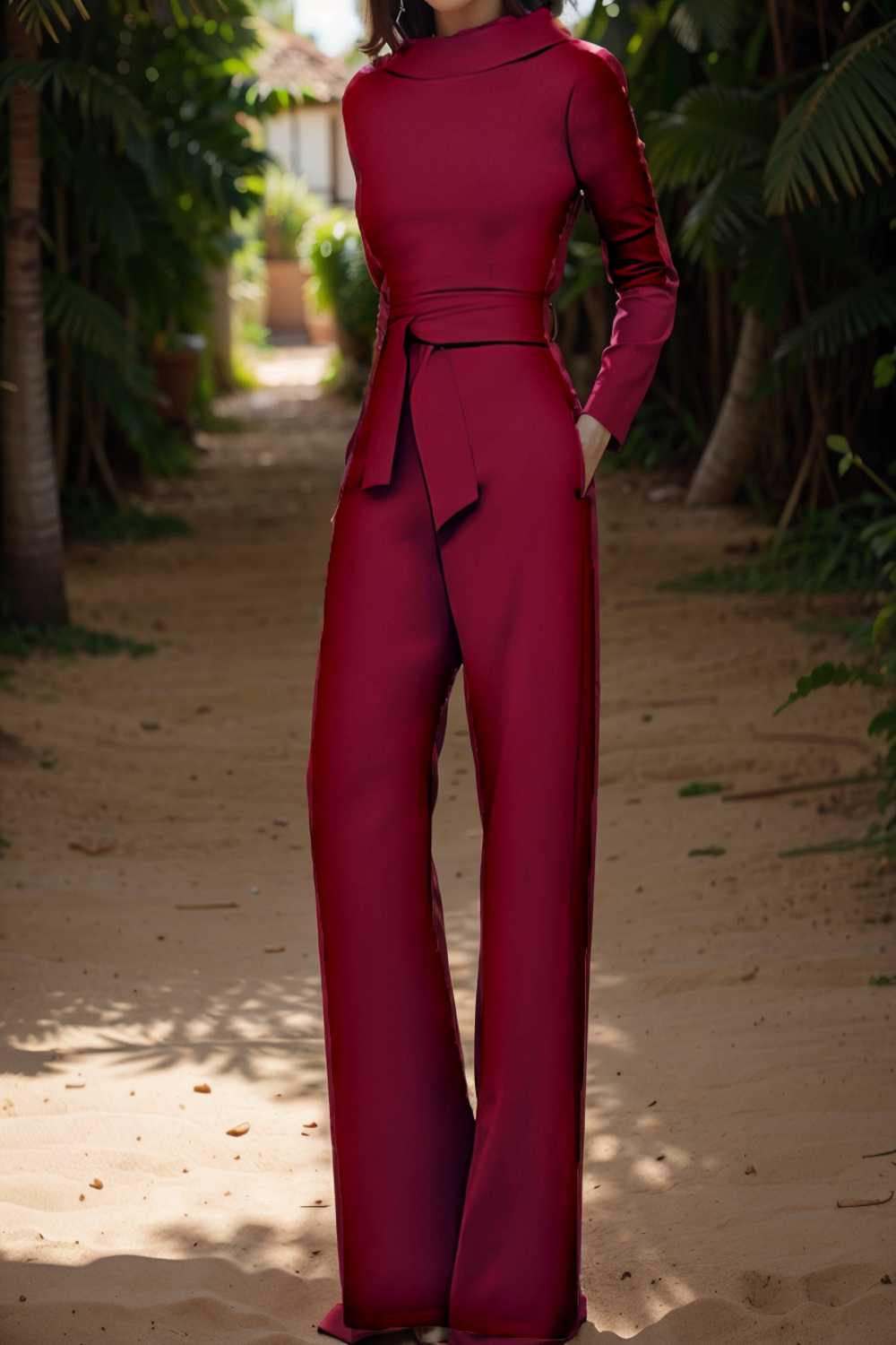 solid five point sleeve belted wide leg jumpsuit 112130