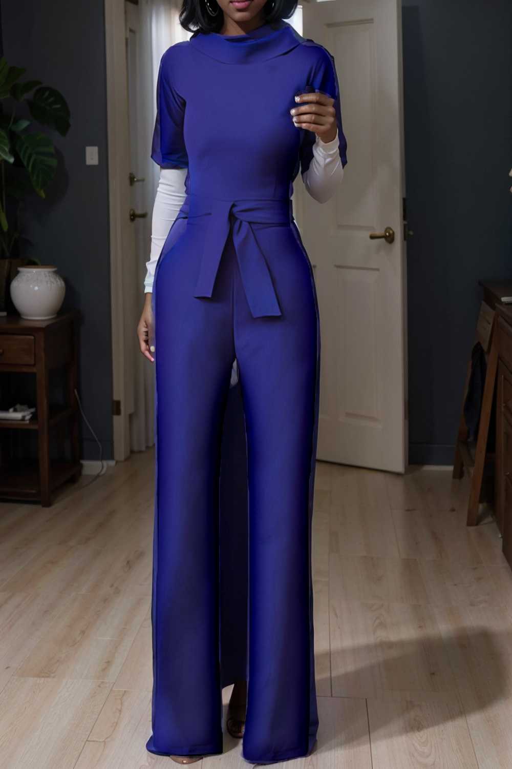 solid five point sleeve belted wide leg jumpsuit 111067