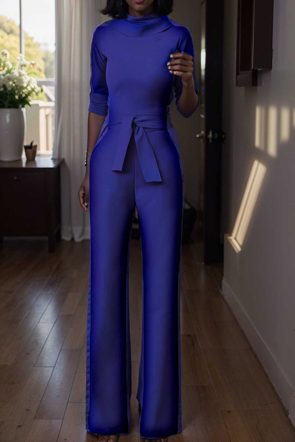 solid five point sleeve belted wide leg jumpsuit 112129
