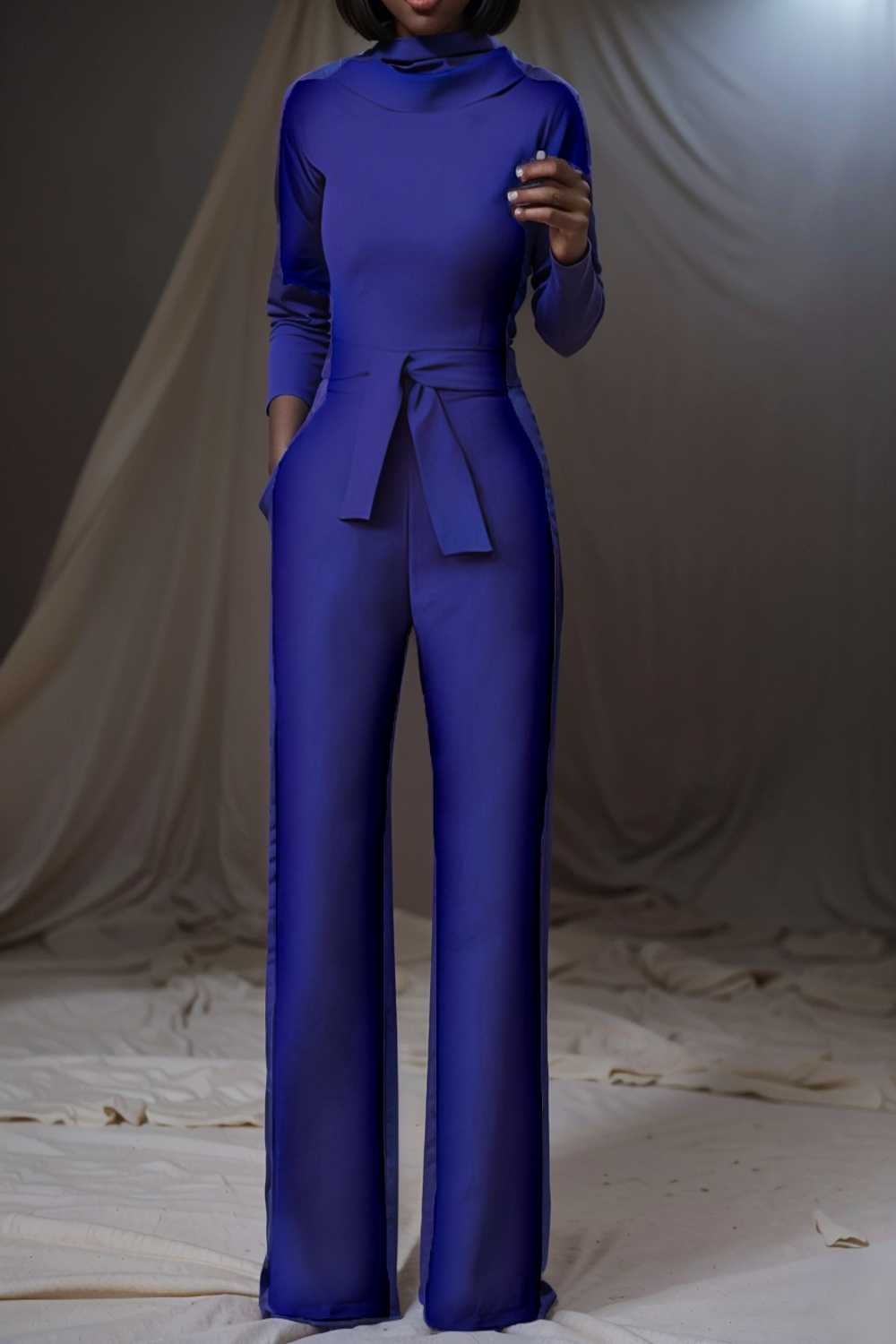 solid five point sleeve belted wide leg jumpsuit 112732