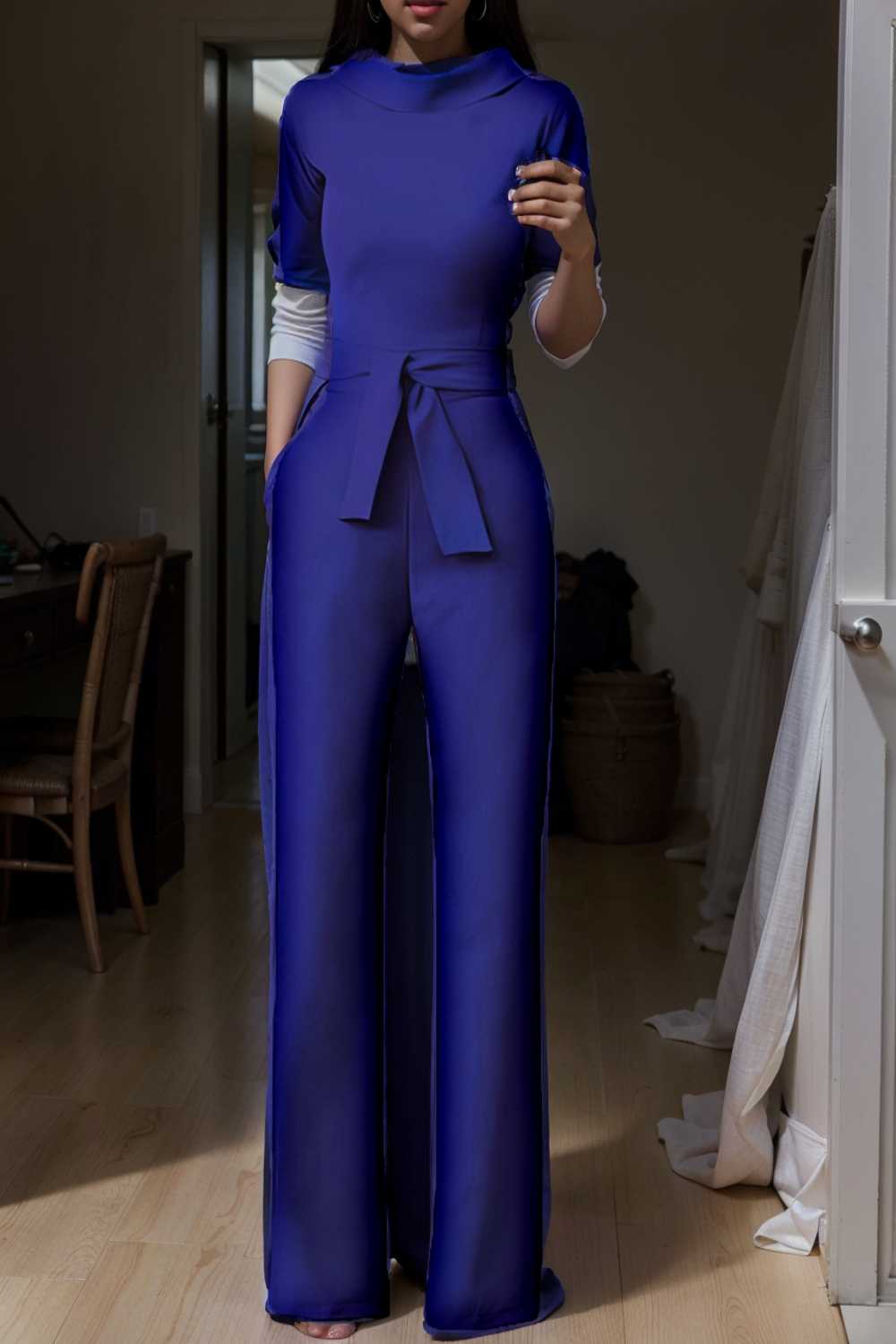 solid five point sleeve belted wide leg jumpsuit 112128