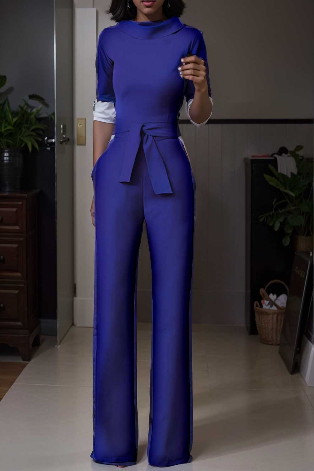 solid five point sleeve belted wide leg jumpsuit 112127
