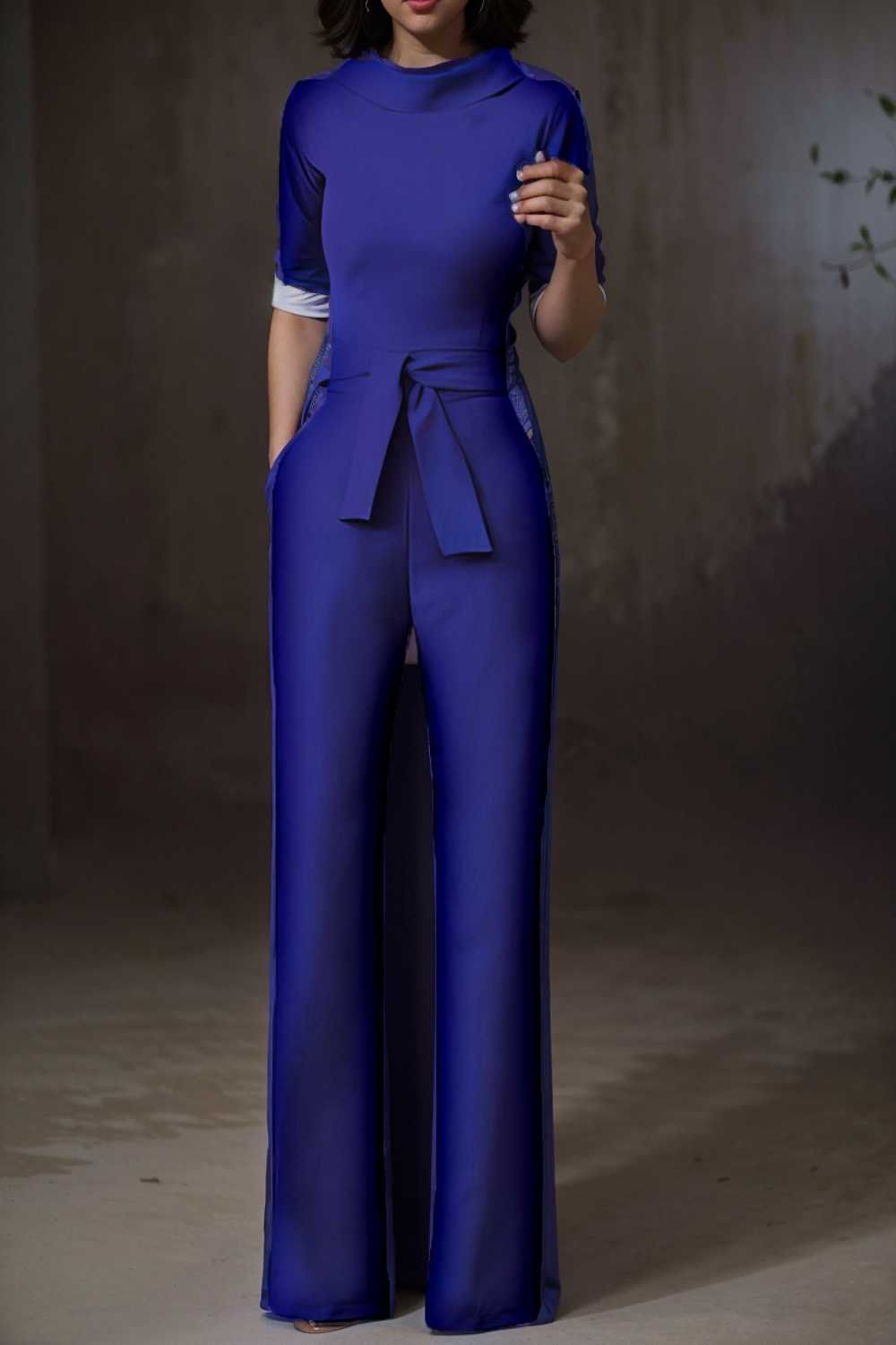 solid five point sleeve belted wide leg jumpsuit 112126