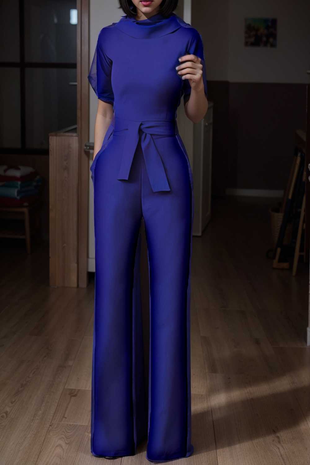 solid five point sleeve belted wide leg jumpsuit 112122