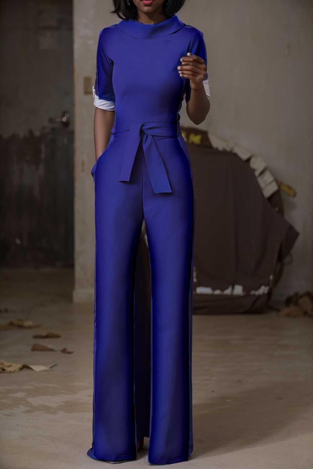 solid five point sleeve belted wide leg jumpsuit 112116