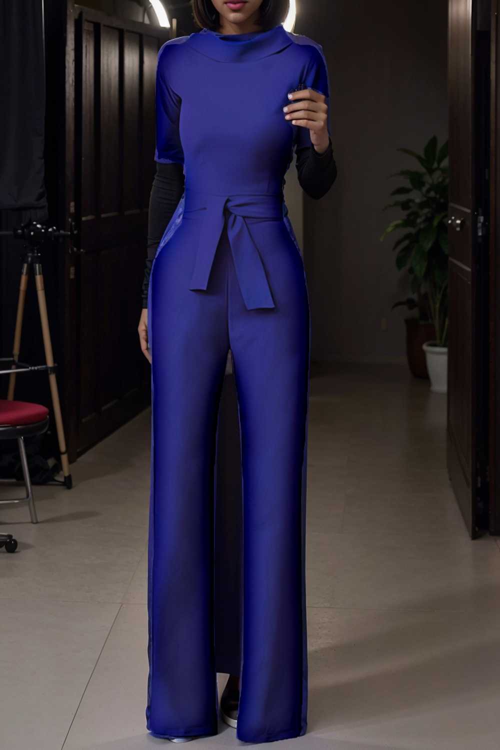 solid five point sleeve belted wide leg jumpsuit 112115
