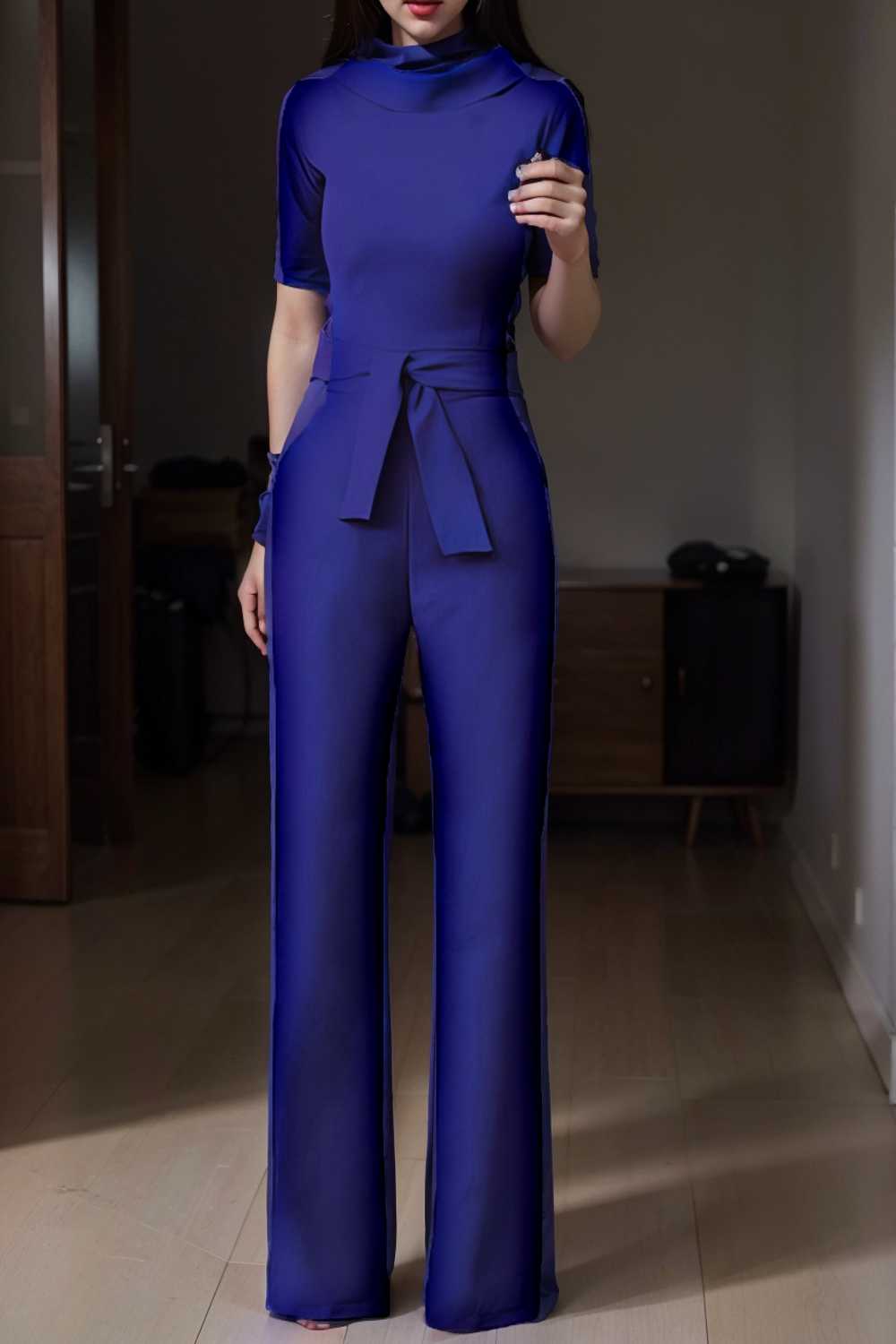 solid five point sleeve belted wide leg jumpsuit 112114