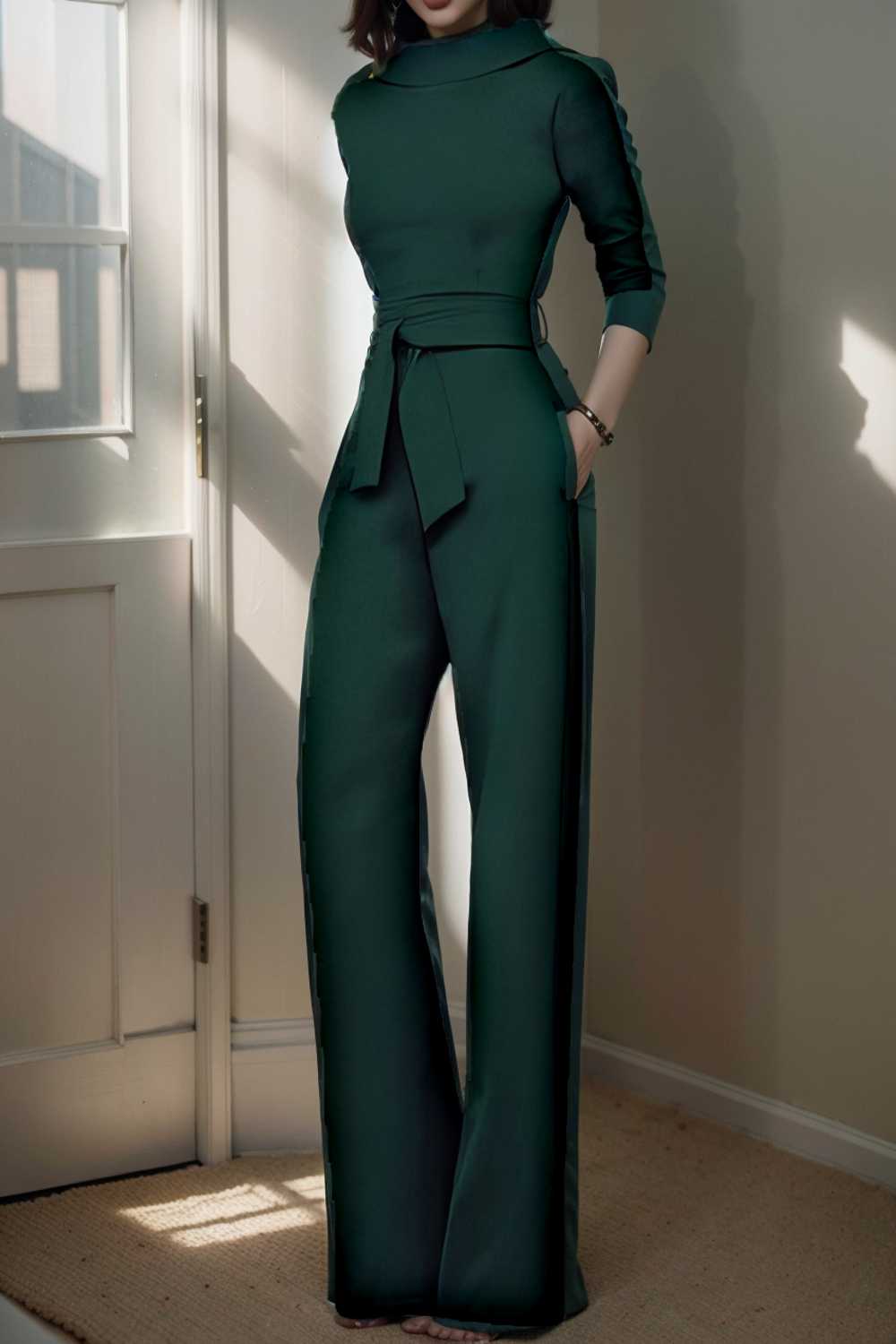 solid five point sleeve belted wide leg jumpsuit 111066