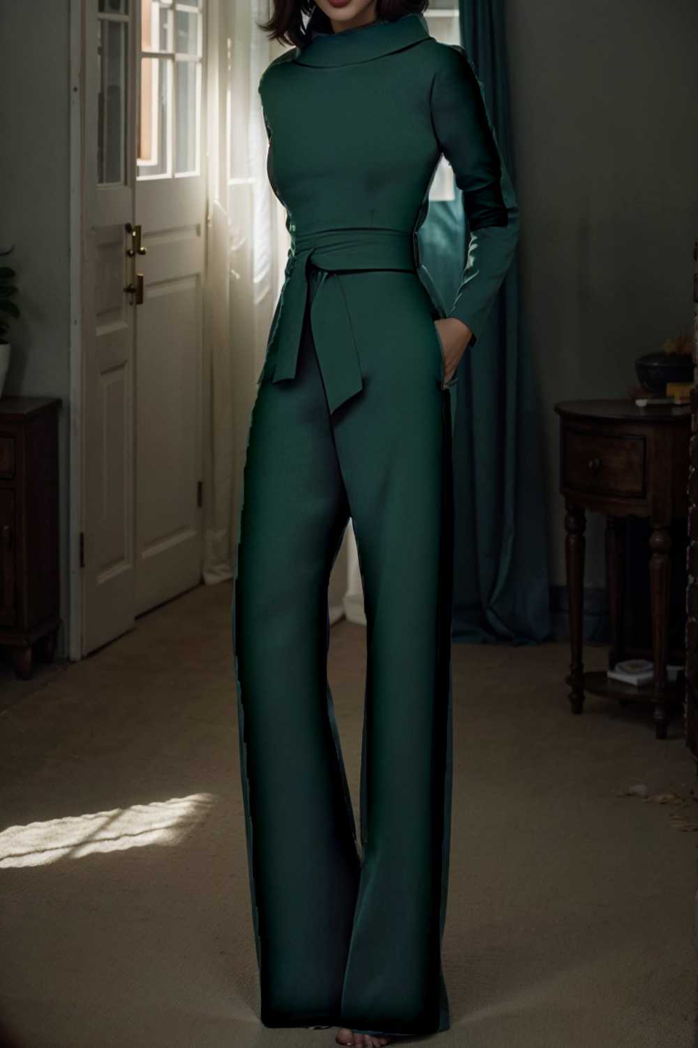 solid five point sleeve belted wide leg jumpsuit 112111