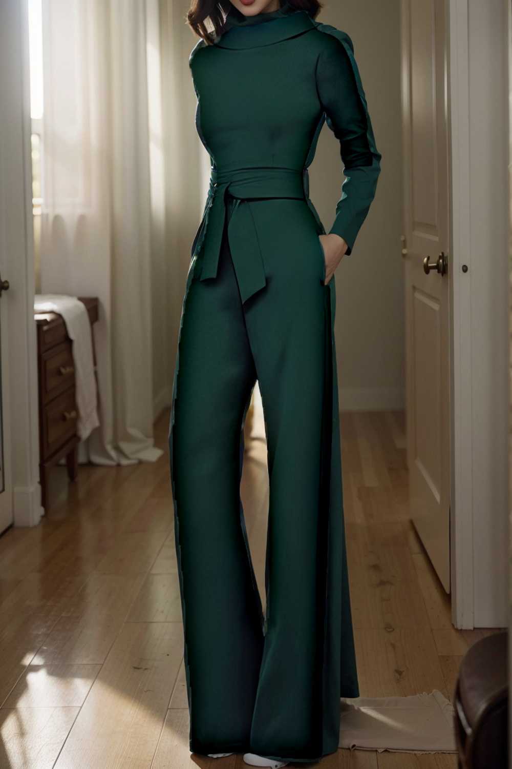 solid five point sleeve belted wide leg jumpsuit 112110