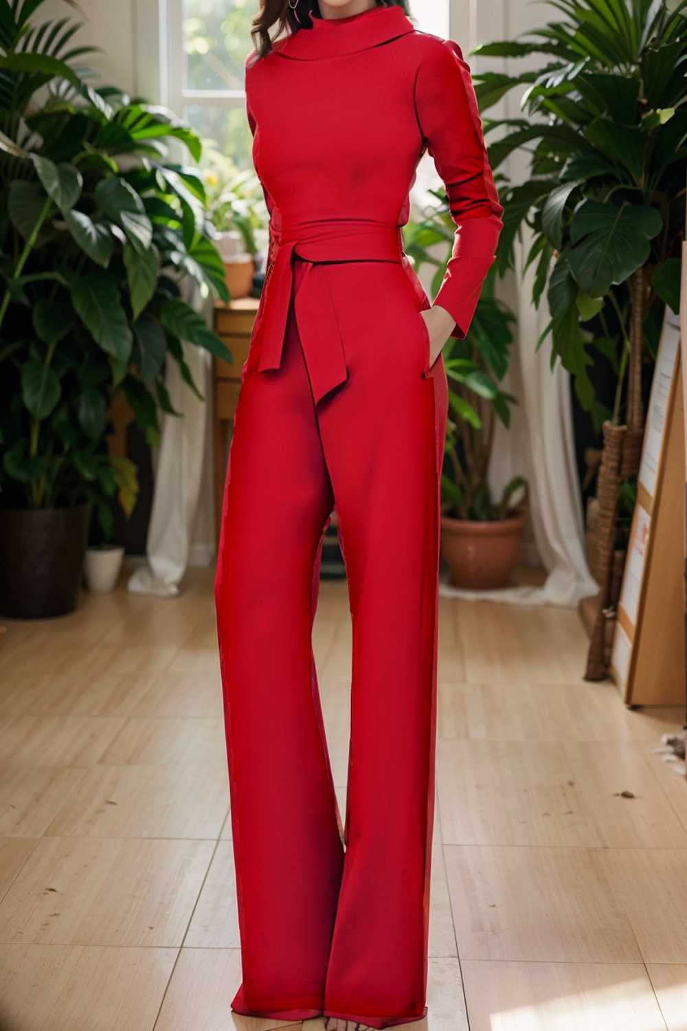 solid five point sleeve belted wide leg jumpsuit 105286