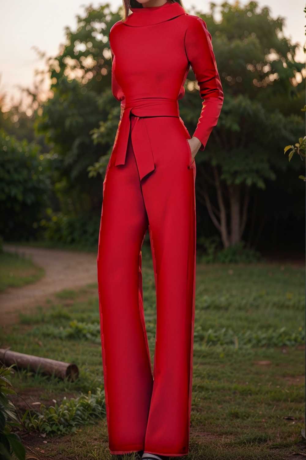 solid five point sleeve belted wide leg jumpsuit 105285