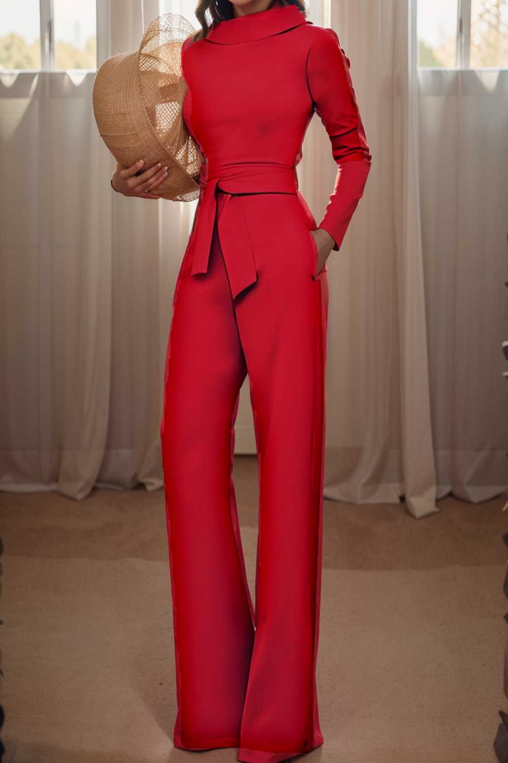 solid five point sleeve belted wide leg jumpsuit 105282