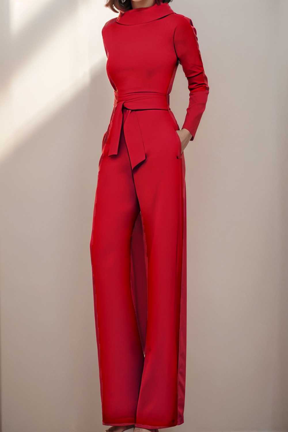 solid five point sleeve belted wide leg jumpsuit 105278