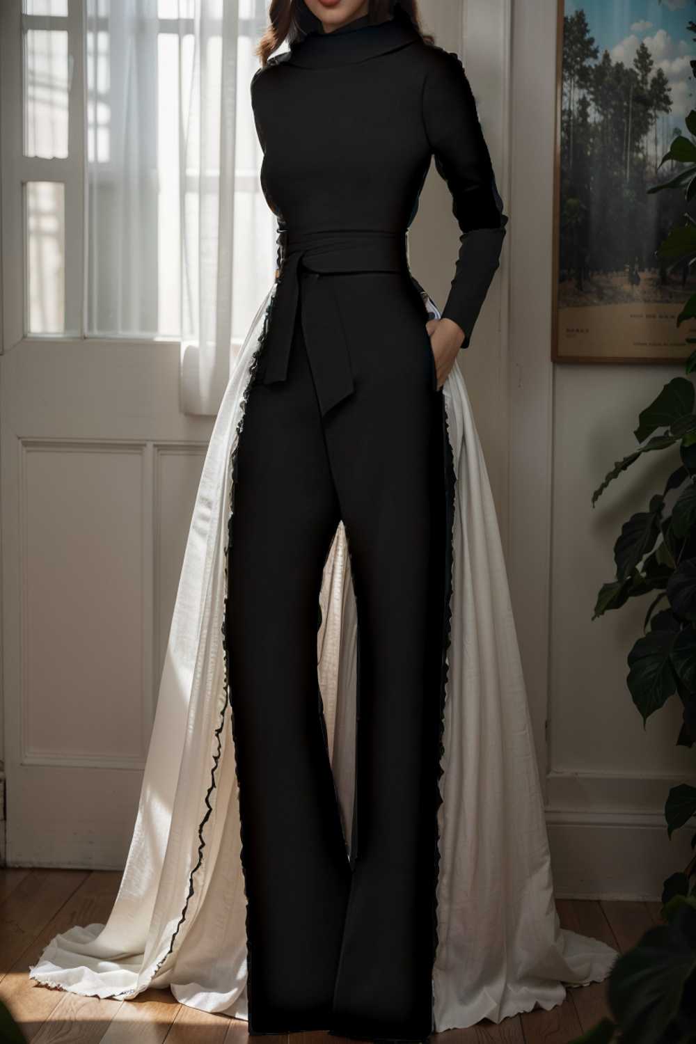 solid five point sleeve belted wide leg jumpsuit 105277