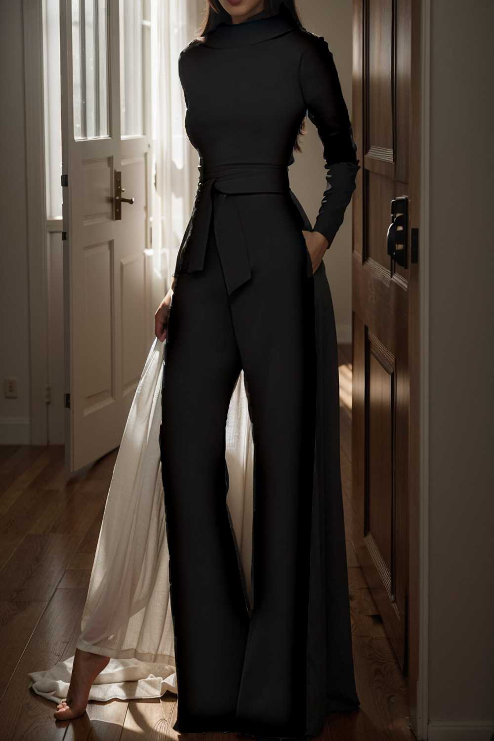 solid five point sleeve belted wide leg jumpsuit 105272