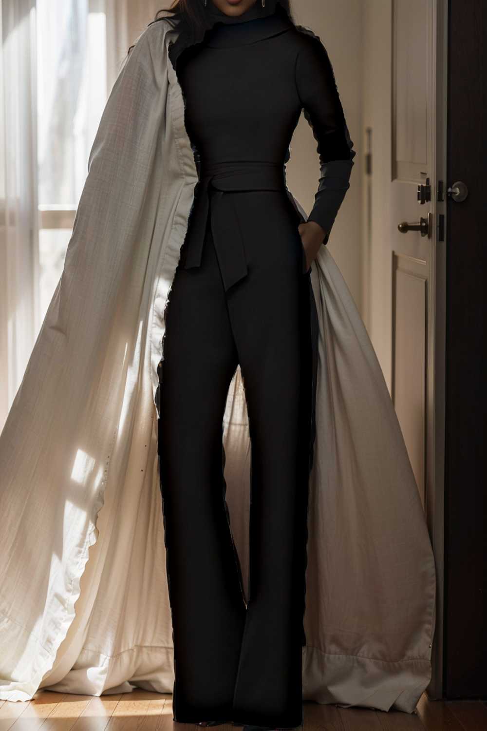 solid five point sleeve belted wide leg jumpsuit 105271