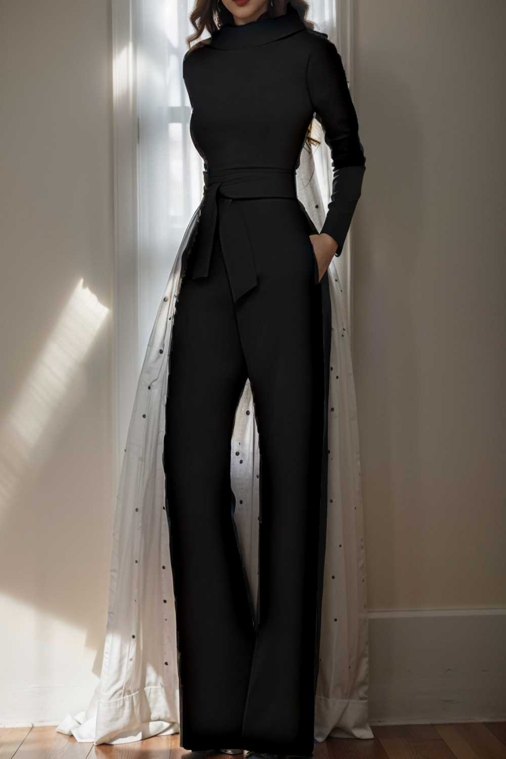 solid five point sleeve belted wide leg jumpsuit 105262