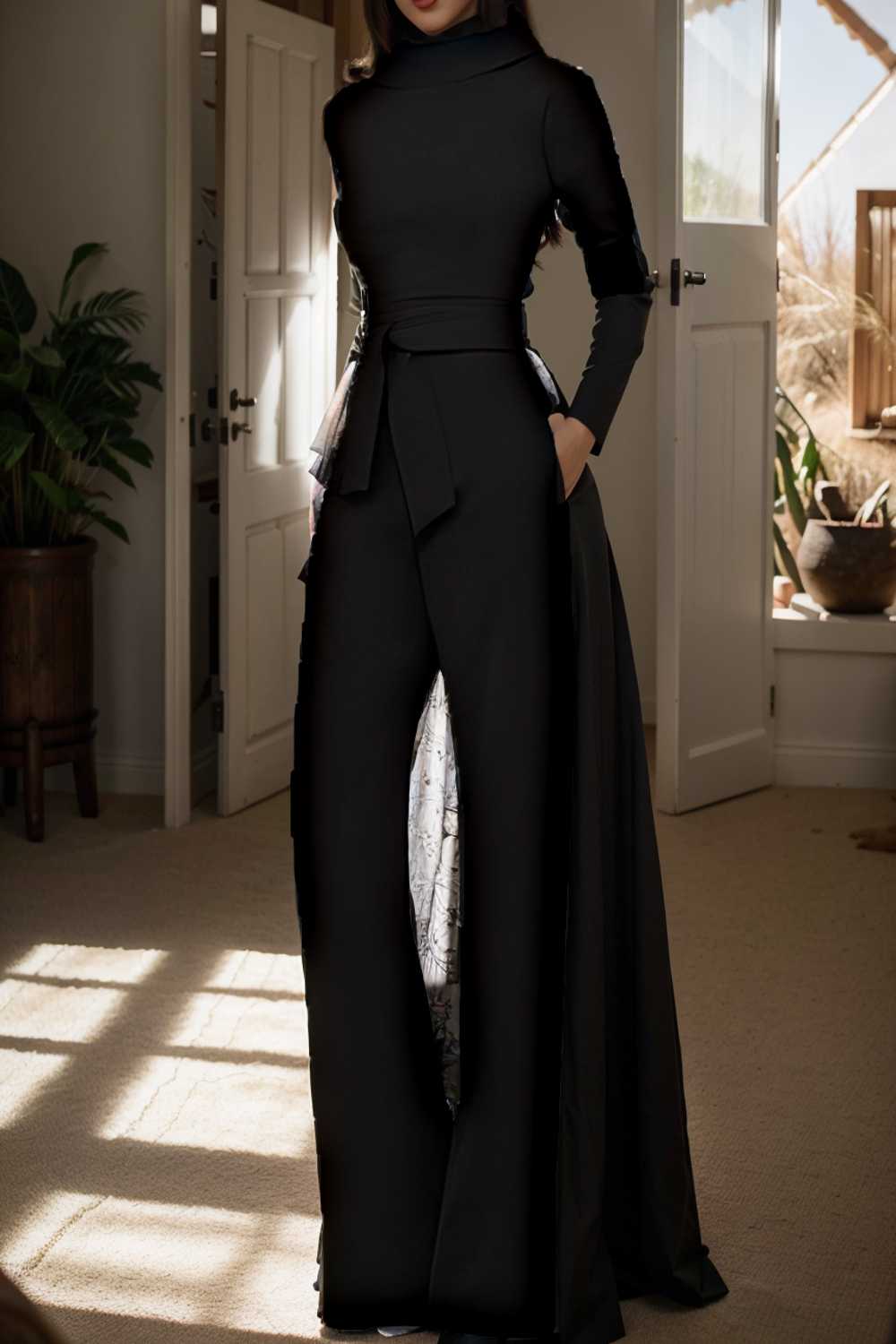 solid five point sleeve belted wide leg jumpsuit 105254