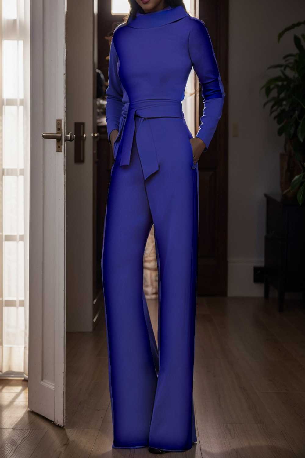 solid five point sleeve belted wide leg jumpsuit 112780