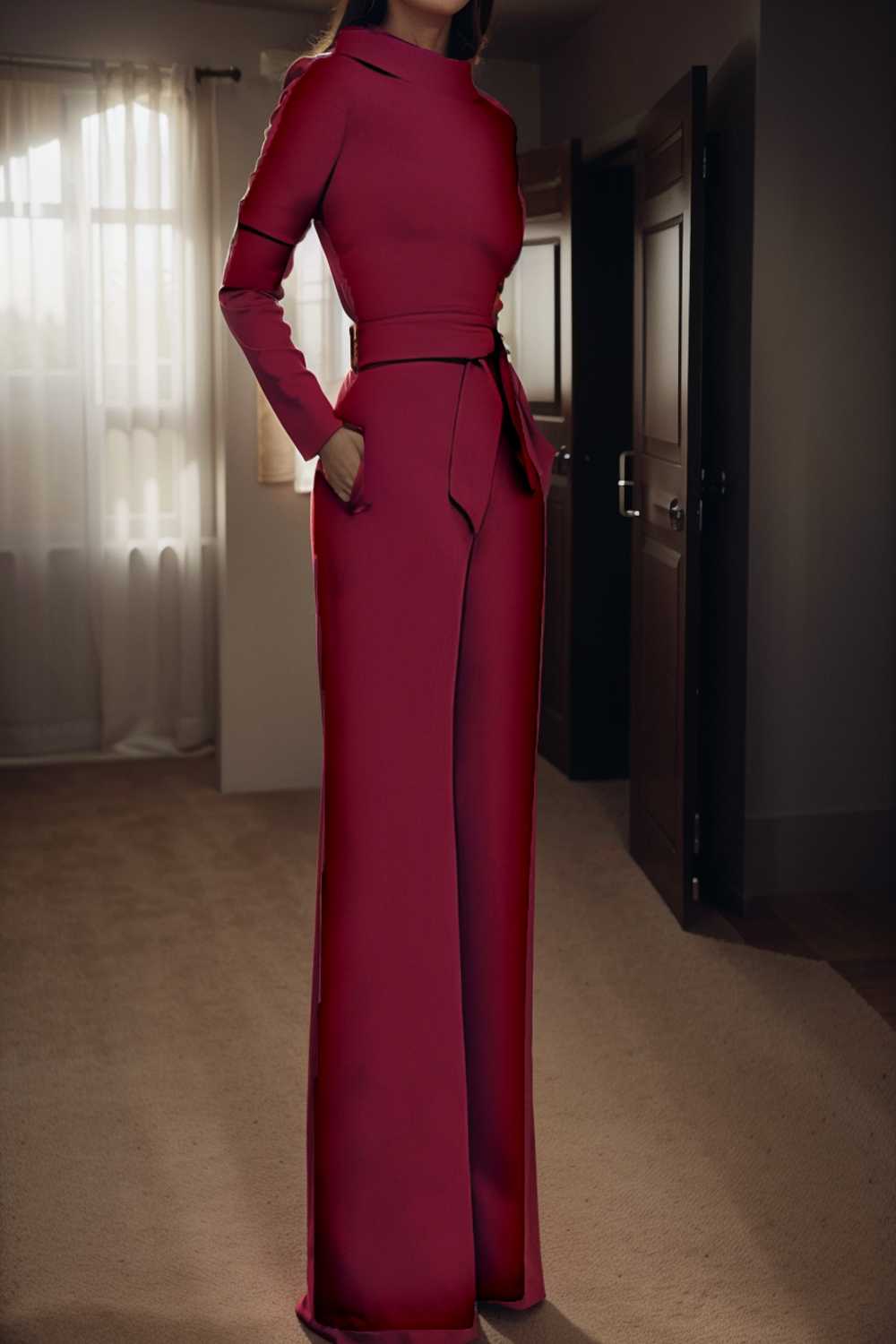 solid five point sleeve belted wide leg jumpsuit 105217