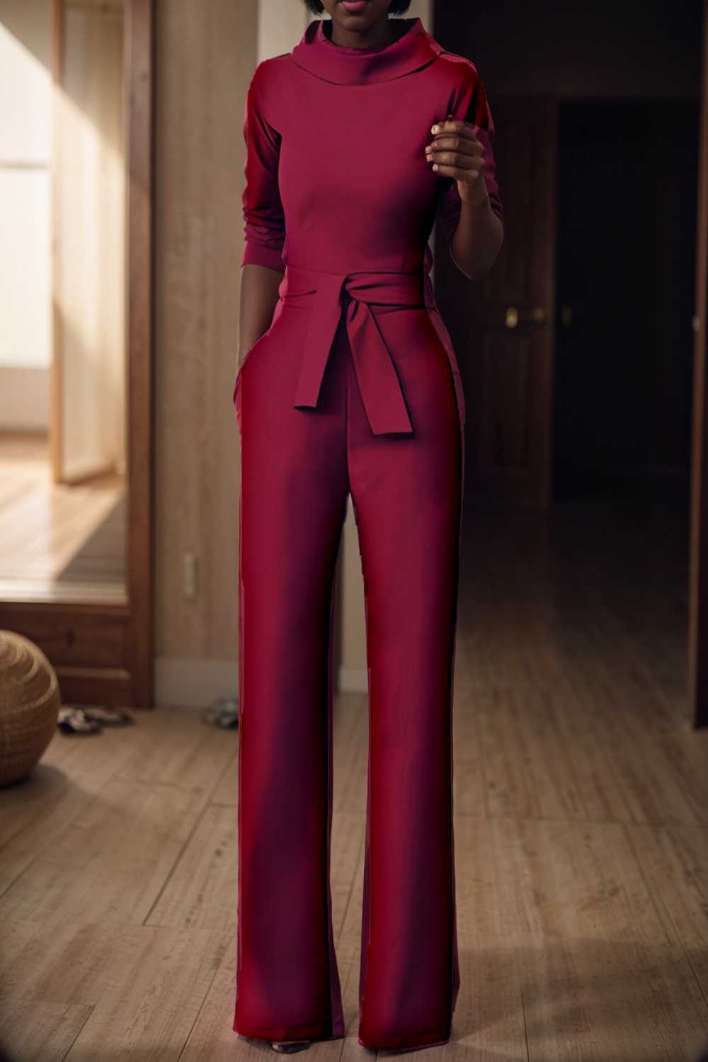 solid five point sleeve belted wide leg jumpsuit 111064