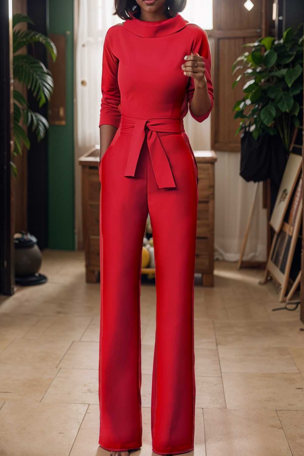 solid five point sleeve belted wide leg jumpsuit 112731