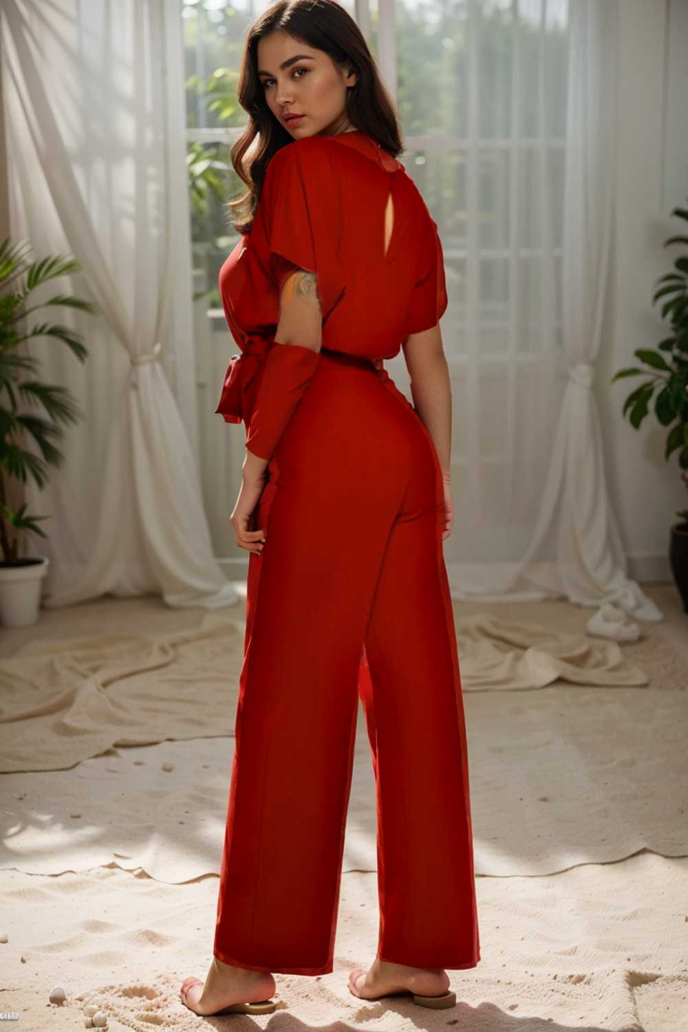 solid five point sleeve belted wide leg jumpsuit 104907