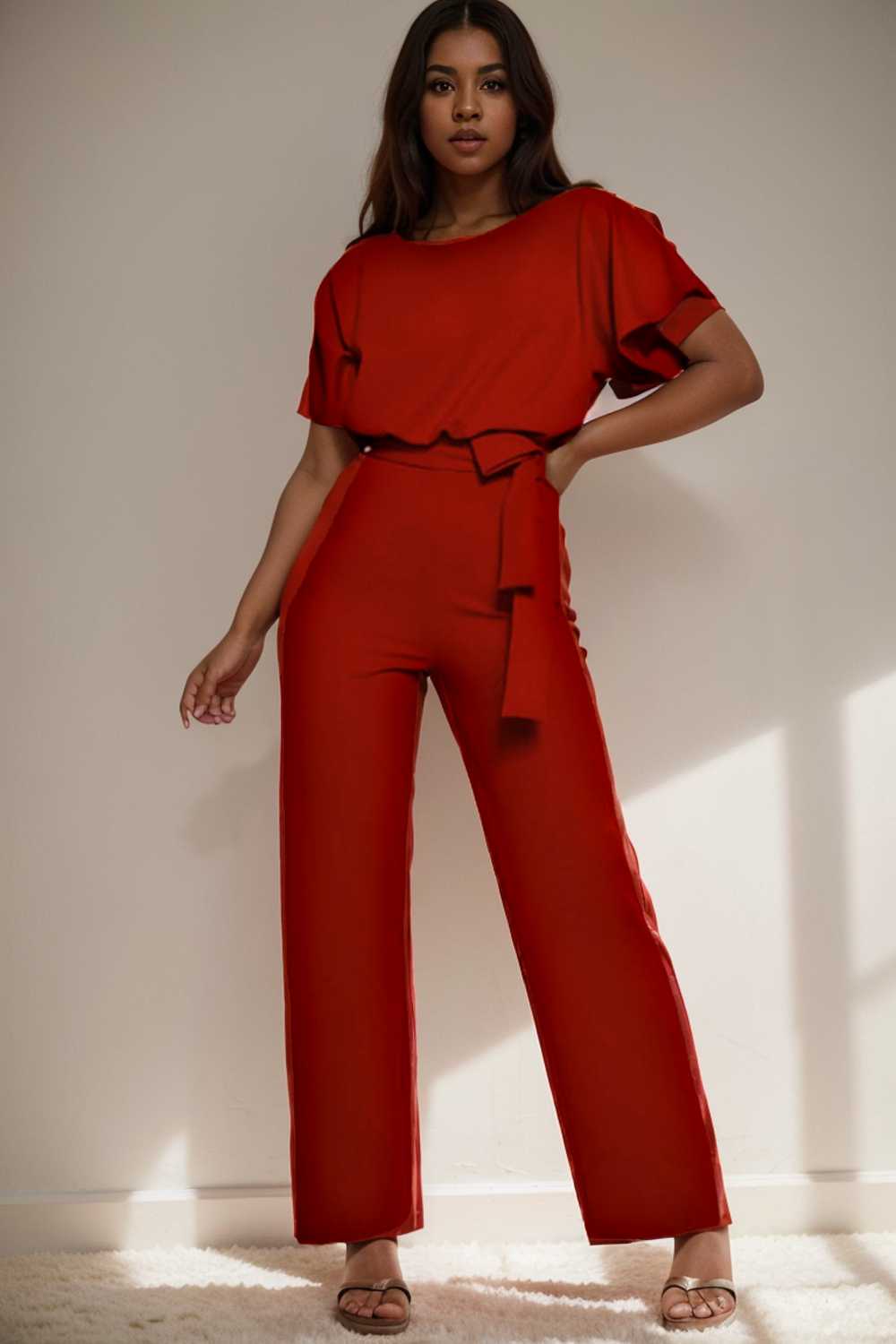 solid five point sleeve belted wide leg jumpsuit 112807