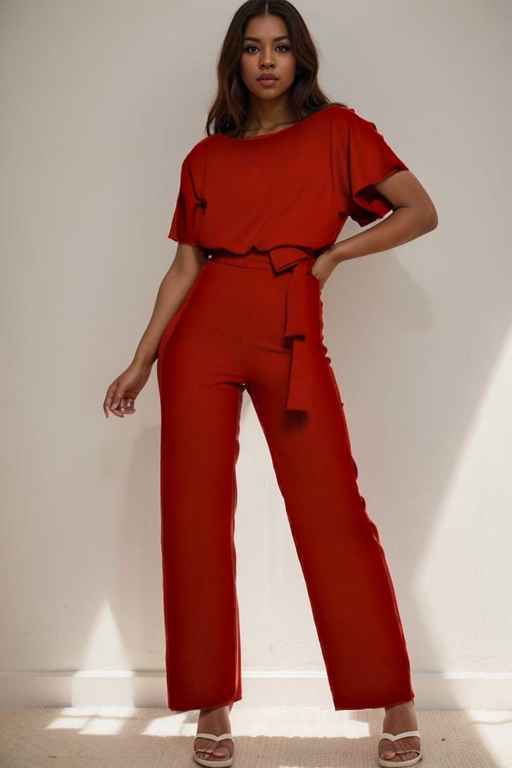 solid five point sleeve belted wide leg jumpsuit 104884