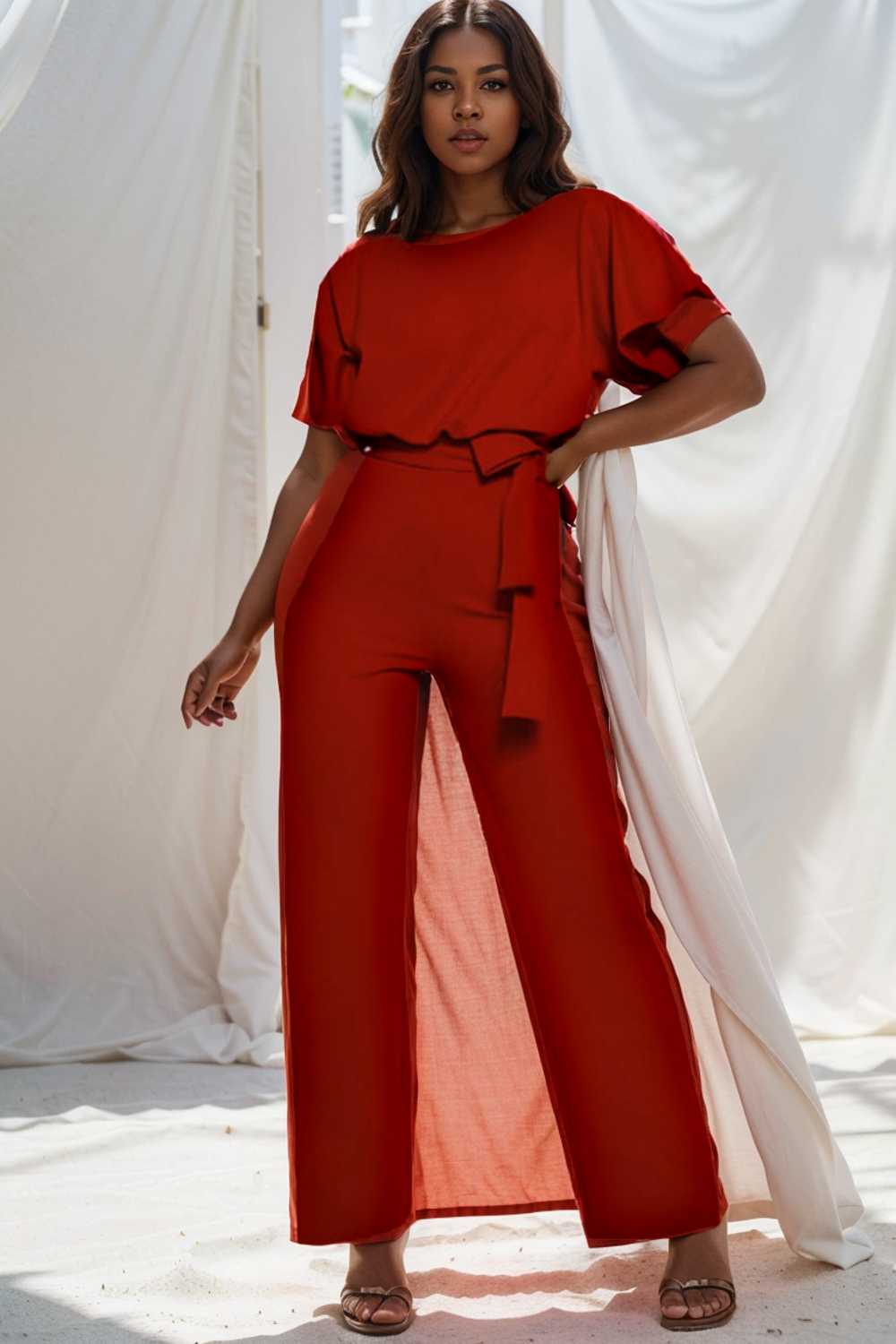 solid five point sleeve belted wide leg jumpsuit 111062