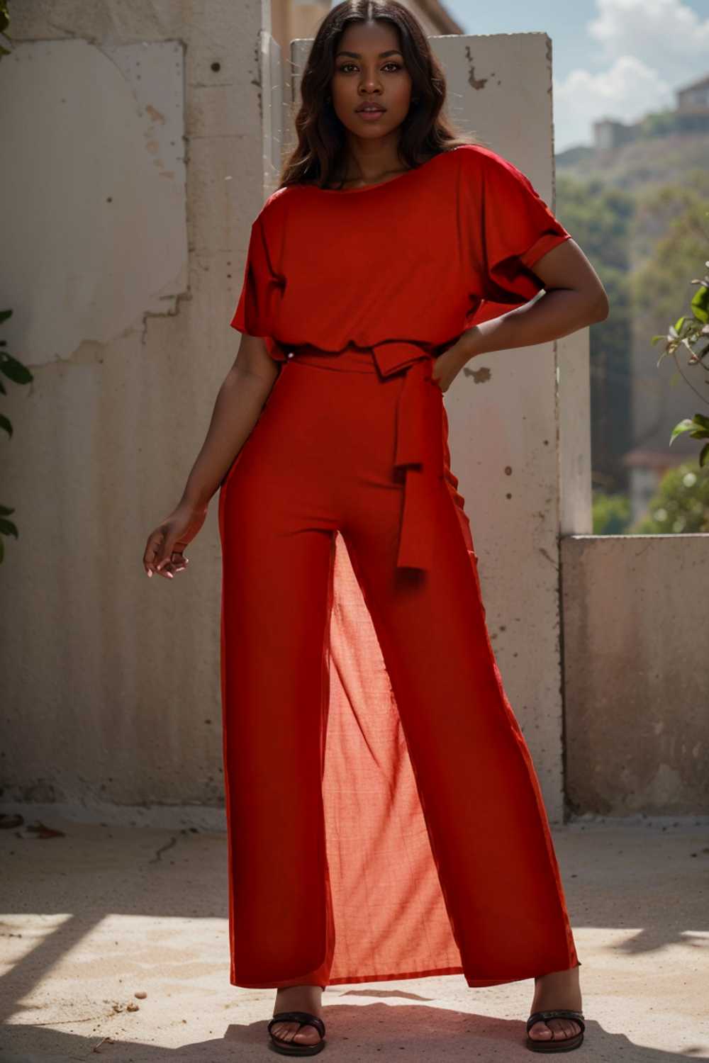 solid five point sleeve belted wide leg jumpsuit 104883