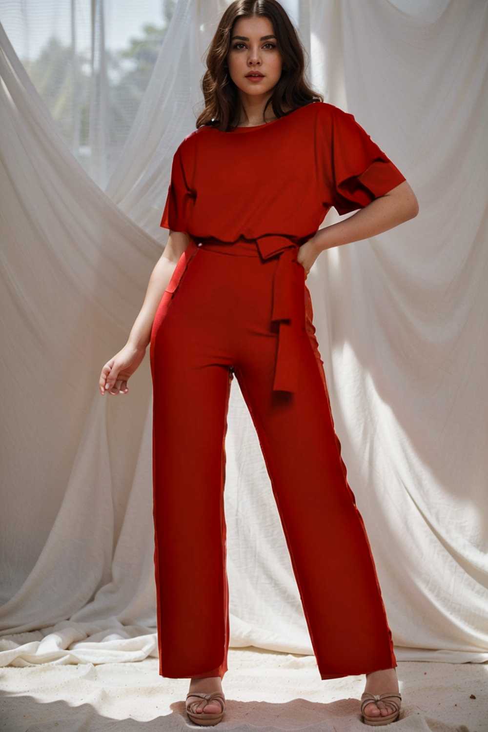 solid five point sleeve belted wide leg jumpsuit 112806