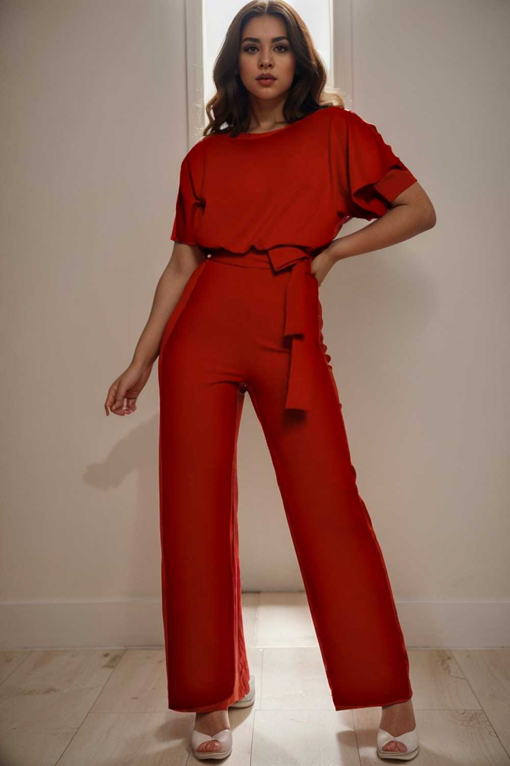 solid five point sleeve belted wide leg jumpsuit 104882
