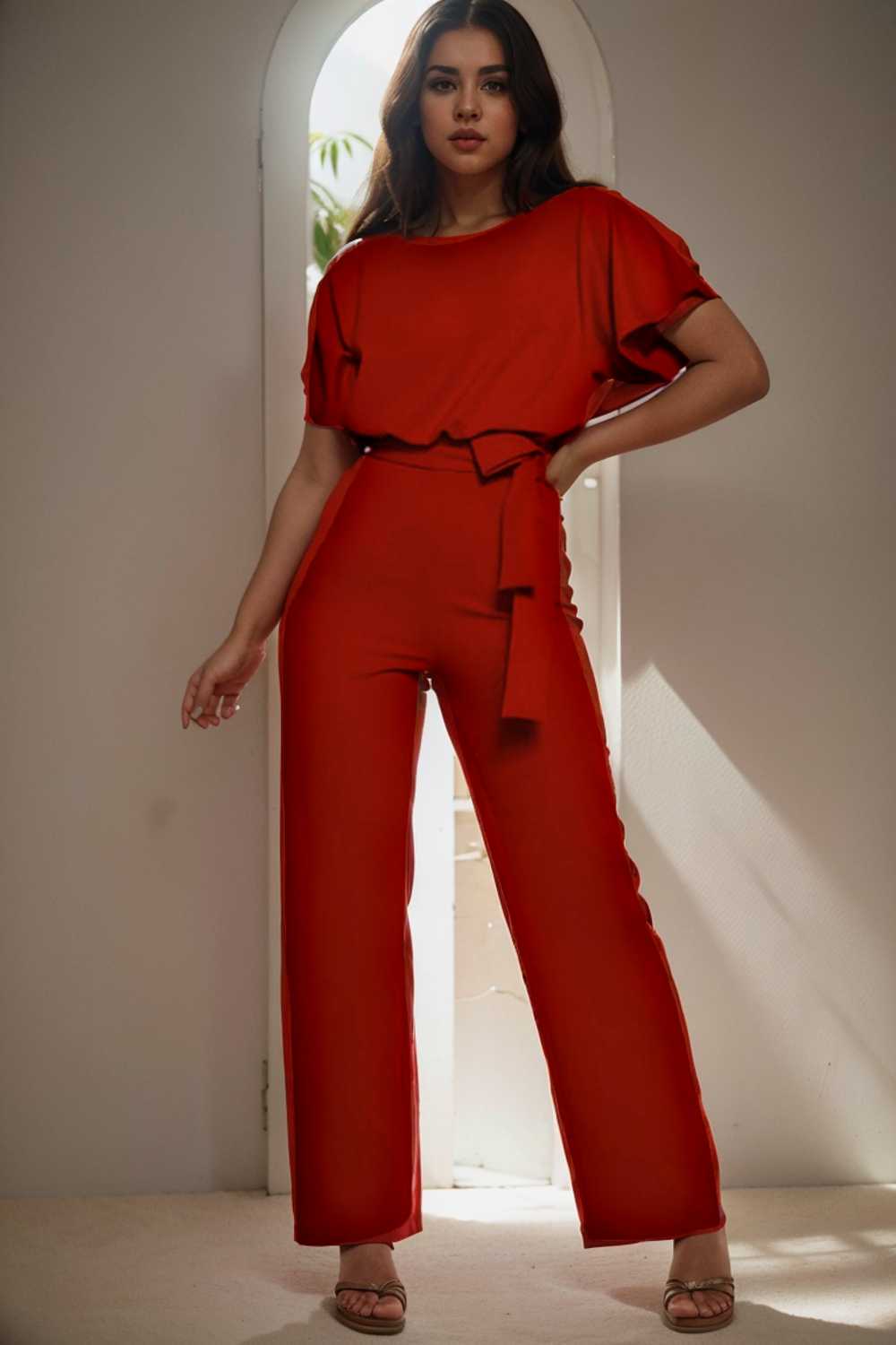 solid five point sleeve belted wide leg jumpsuit 112805
