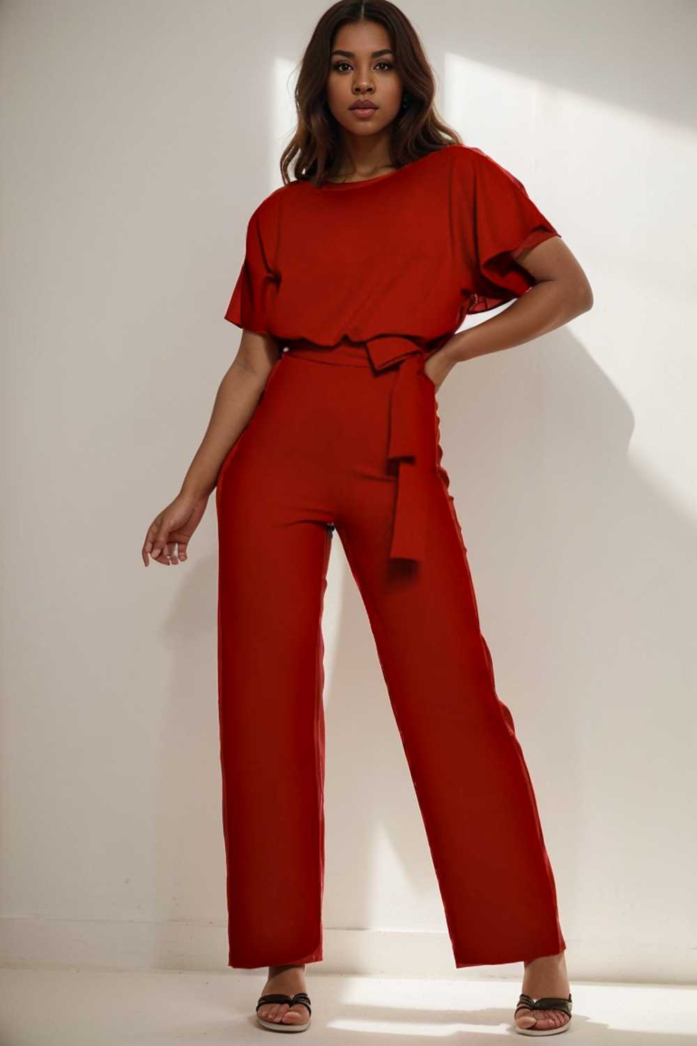 solid five point sleeve belted wide leg jumpsuit 104881