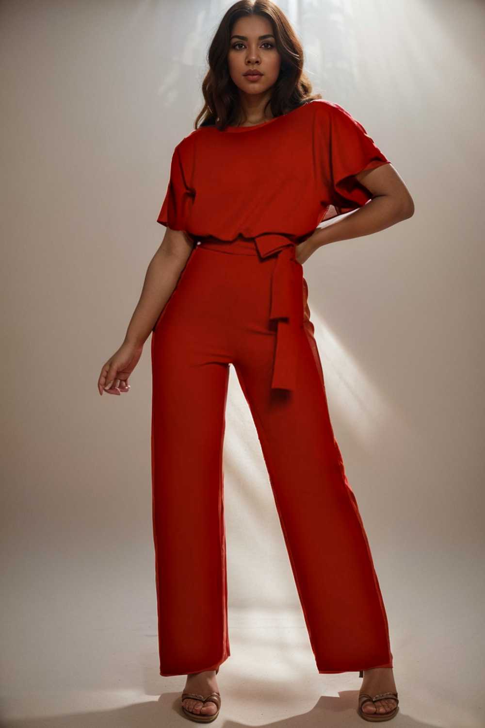 solid five point sleeve belted wide leg jumpsuit 104880