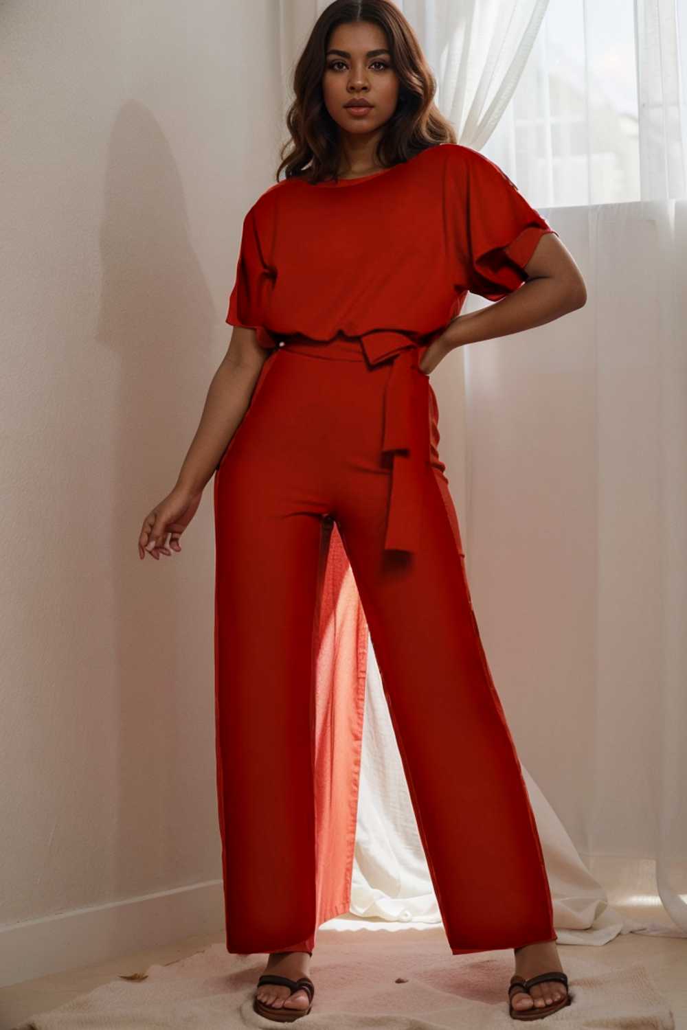 solid five point sleeve belted wide leg jumpsuit 104879