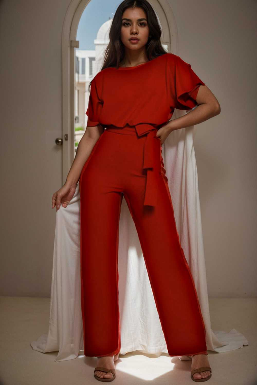 solid five point sleeve belted wide leg jumpsuit 104878