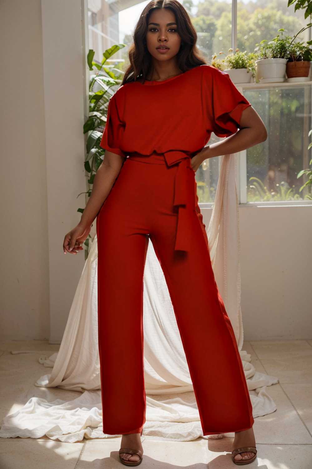 solid five point sleeve belted wide leg jumpsuit 104877