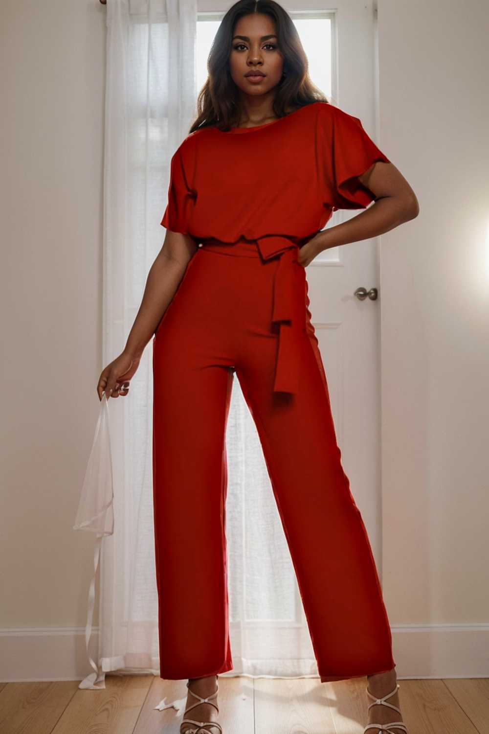 solid five point sleeve belted wide leg jumpsuit 104876