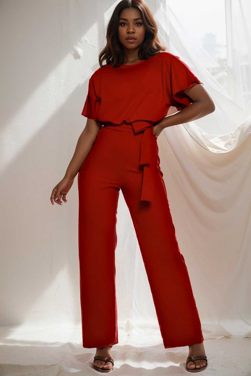 solid five point sleeve belted wide leg jumpsuit 104875