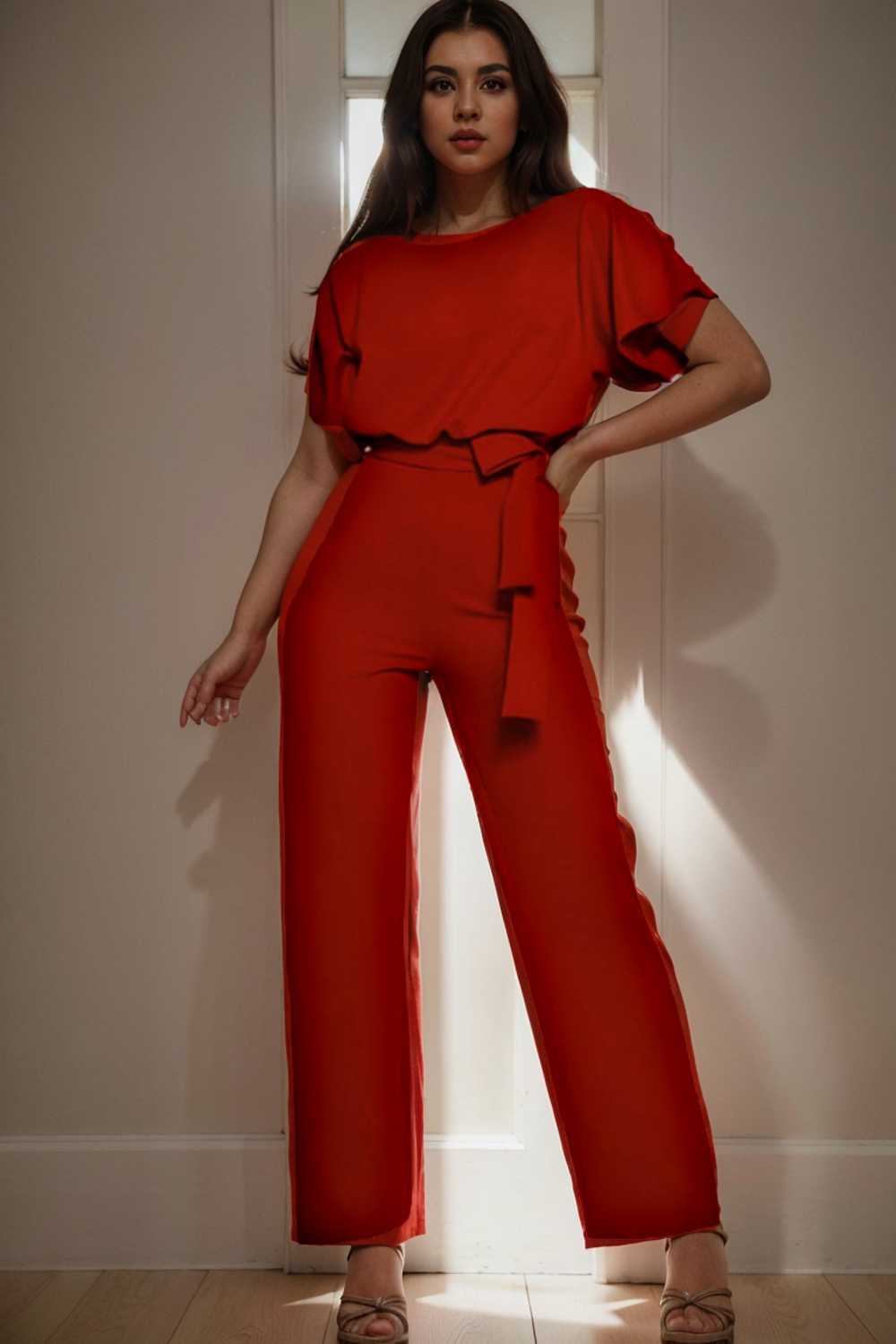 solid five point sleeve belted wide leg jumpsuit 104874