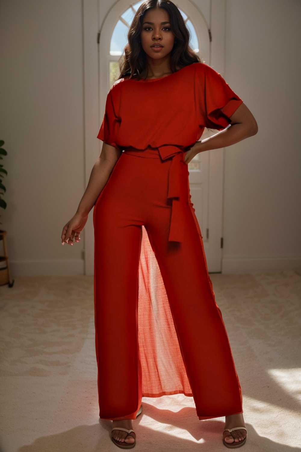 solid five point sleeve belted wide leg jumpsuit 104873